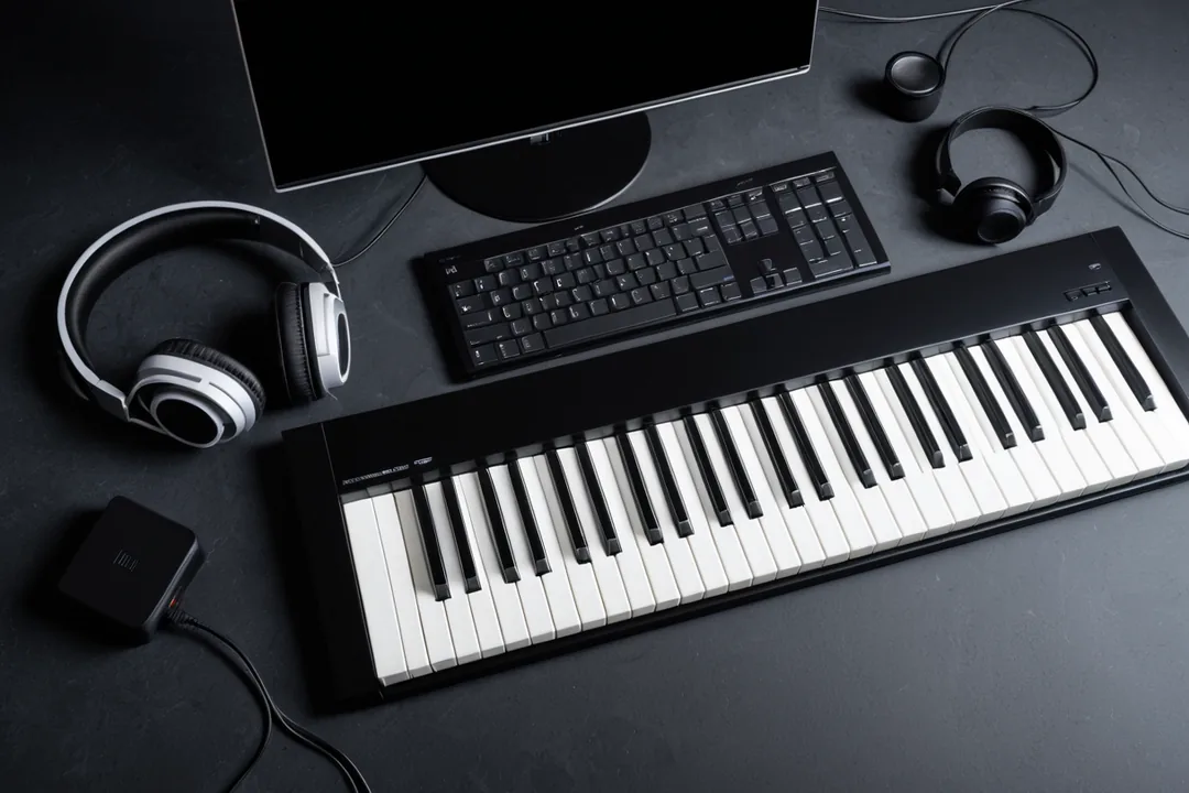 Casque audio, clavier musical et matériel de création disposés dans un atelier